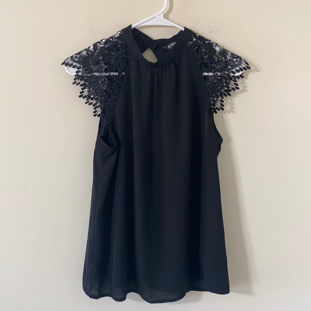 Express | Black Semi Sheer Tank with Lace Crochet Sleeve Detail | Medium